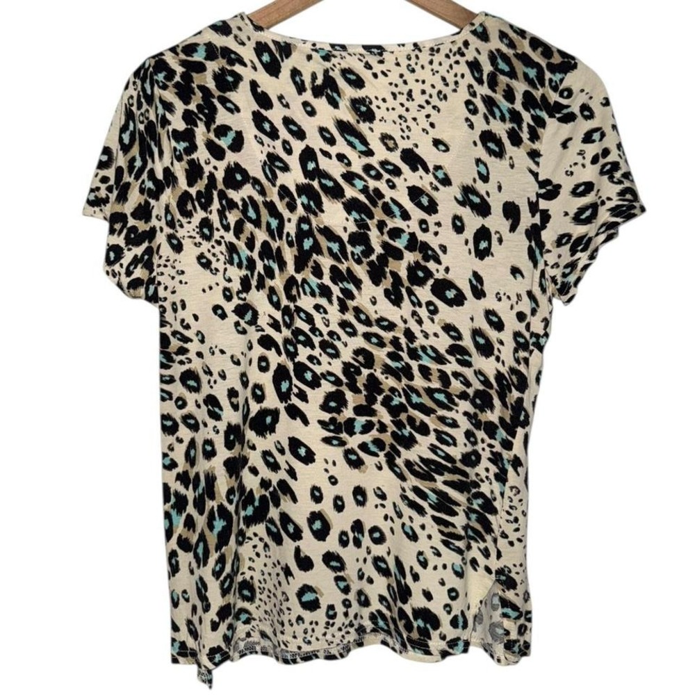 Leopard Print V-Neck Top with Turquoise Lace Accents‎ Cotton & Modal - Picture 2 of 4